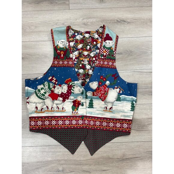 Vintage Christmas Double Face Vest 90's OS Polar With Festive Design & Holiday C - Picture 1 of 10